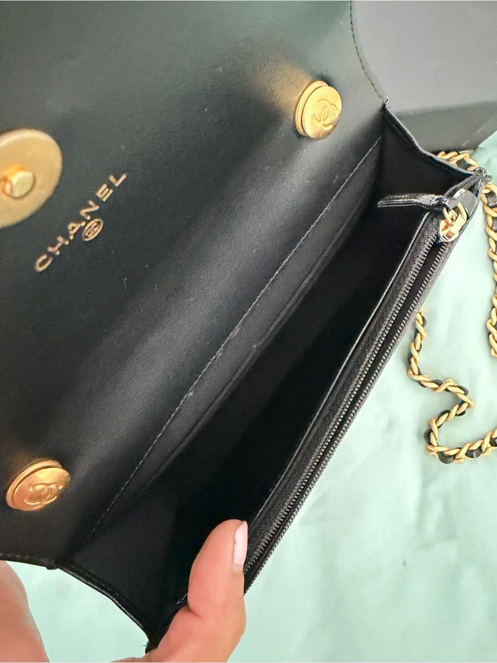 CHANEL Black Quilted Patent Leather Mini Flap with Gold Hardware